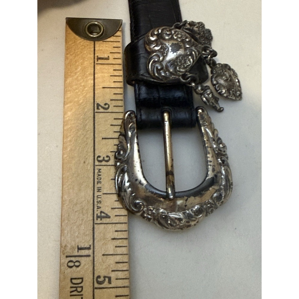 Vintage BRIGHTON Black Leather Belt Silver Heart Charms Sz M 35"L 42903 1996 - Picture 14 of 15